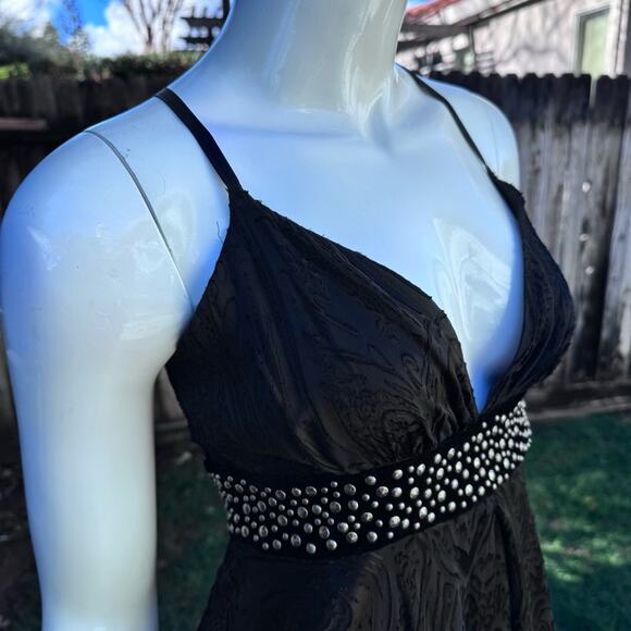 VTG Bebe Black Embroidered Studded Cross Back Hi Lo Dress Women's XS - Picture 3 of 16